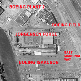 Black and white aerial photo of the Jorgensen Forge area. The photo includes labels in red for Boeing Plant 2, Boeing Field, Jorgensen Forge, Boeing Isaacson and East Marginal Way.