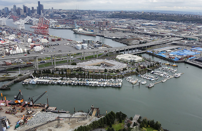 Aerial view of the Lower Duwamish Waterway looking north. Image shows West Seattle Bridge, Harbor Island Marina, and downtown Seattle.