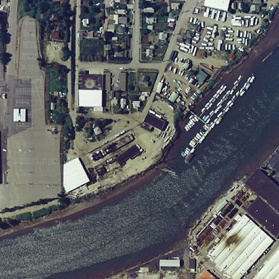 Aerial photo of Terminal 117. Photo shows the Duwamish Waterway and on the shoreline is a marina and street grid with business and industry.