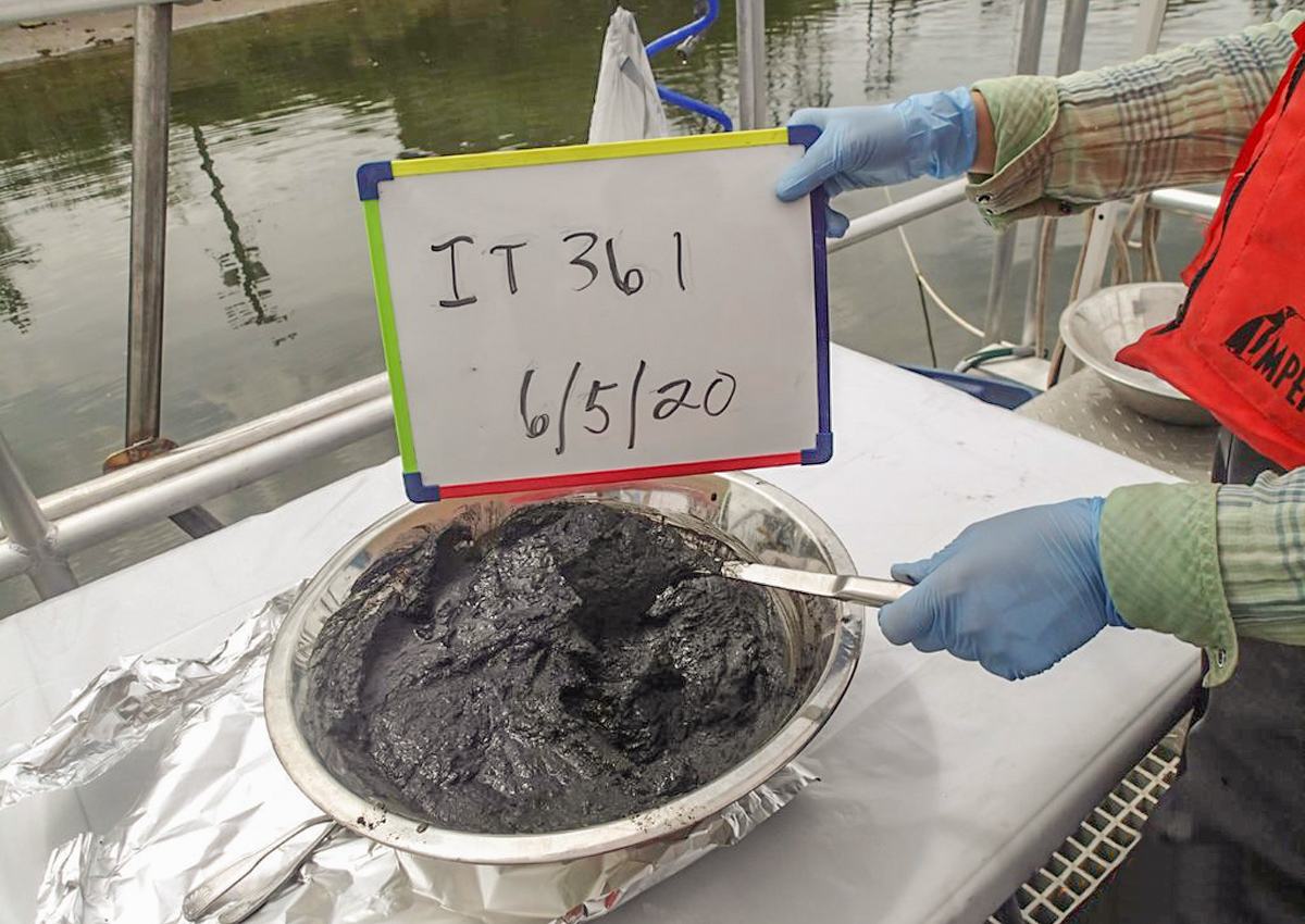 Photo of metal bowl full of sediment.The photo shows a person's hands wearing blue gloves holding a sign above the bowl that says IT 361 and the date June 5, 2020.