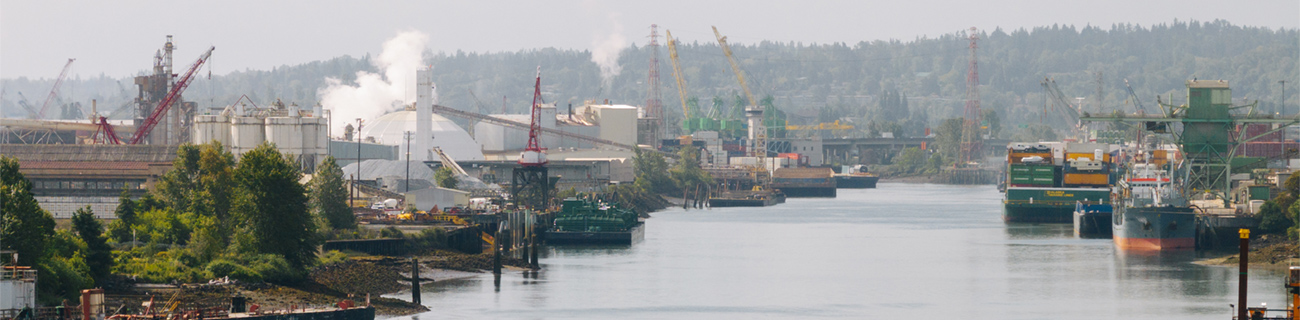 Photo looking South at the Lower Duwamish Waterway. South Park Bridge is shown in the distance. Shoreline is busy with ships and industry.