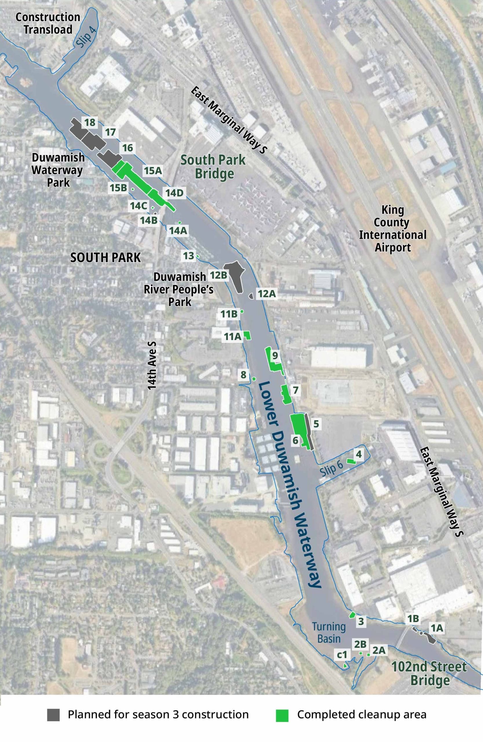 2026_0306_LDWGConstruction_Map Map of the Upper Reach of the lower Duwamish waterway that shows sediment management areas (SMA). This map shows SMAs that are colored green are completed cleanup areas. SMAs that are grey will be worked on in a future construction season.